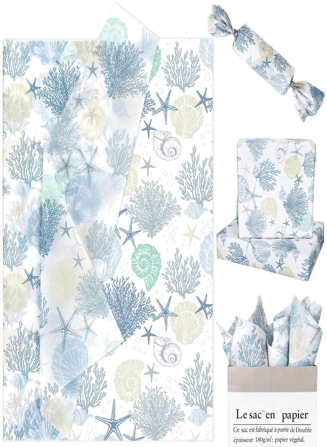 Whaline 100 Sheets Ocean Tissue Paper Blue Sea Shell Coral Starfish Gift Wrapping Paper 13.7 x 19.6 Inch Summer Coastal Beach DIY Art Craft Tissue for Wedding Birthday Baby Shower Supplies - Image 1